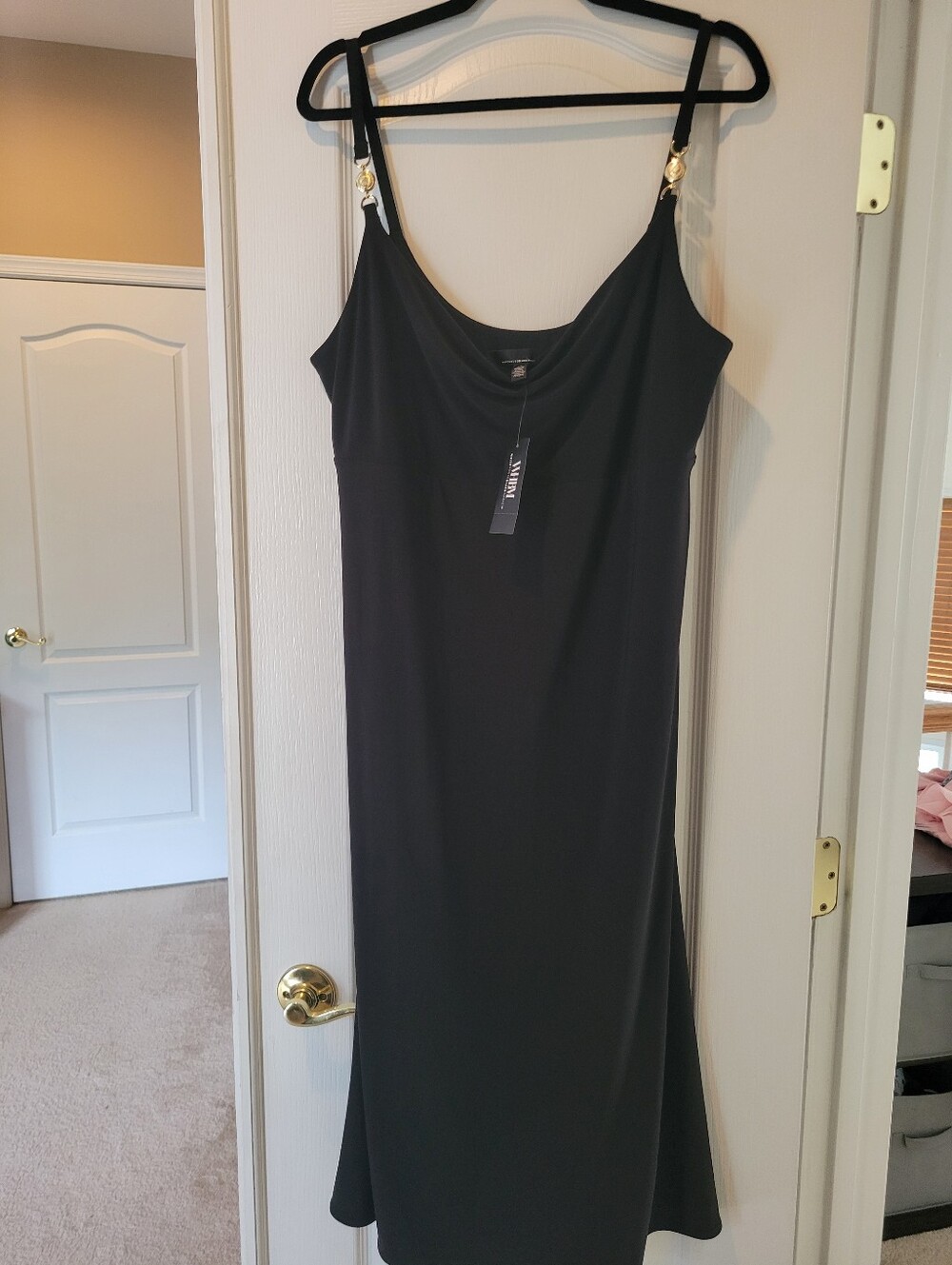 NWT White House Black Market Women Black Midi Slip Dress Gold Ring Accent Size 1